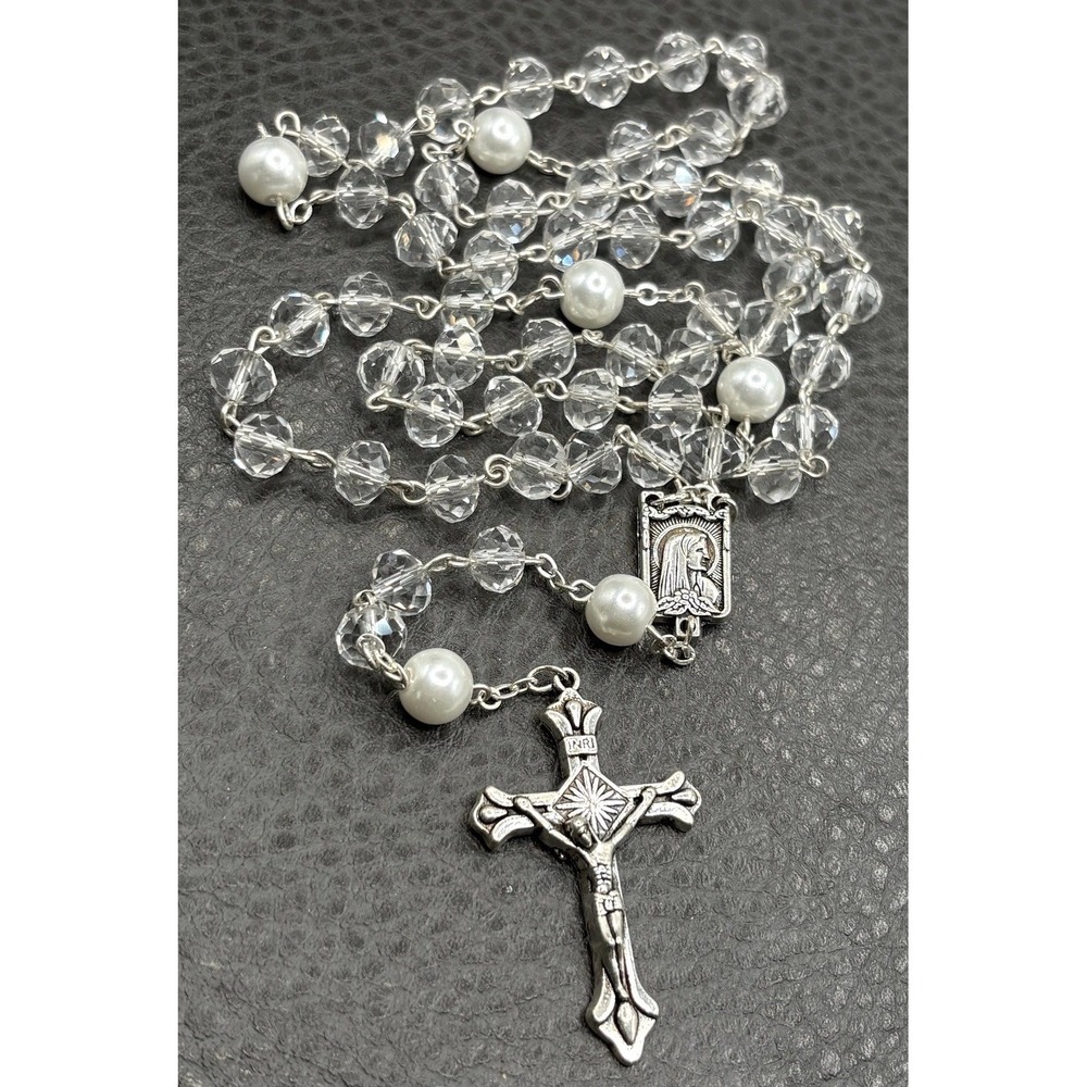 Vintage Crystal Bead Rosary Necklace Faux Pearl Crucifix Cross Silver Tone 26"